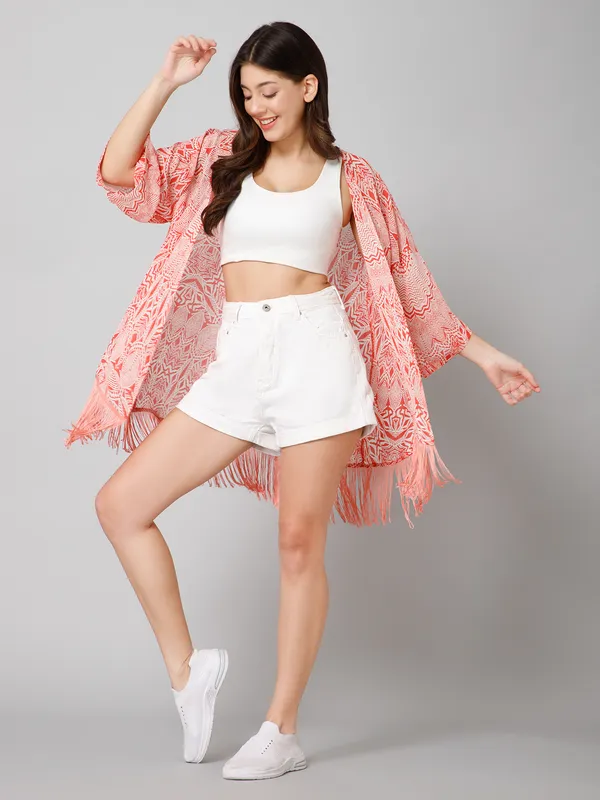Pink_Polyester_Abstract_3/4Th_Sleeve_Shrug_For_Women