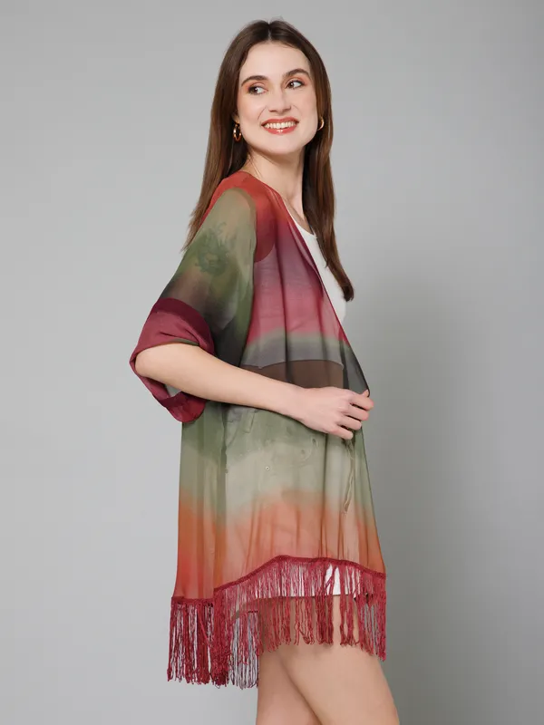 Purple_Georgette_Color_Block_3/4Th_Sleeve_Thigh_Length_Kimono_Style_Shrug_For_Women_&_Girls