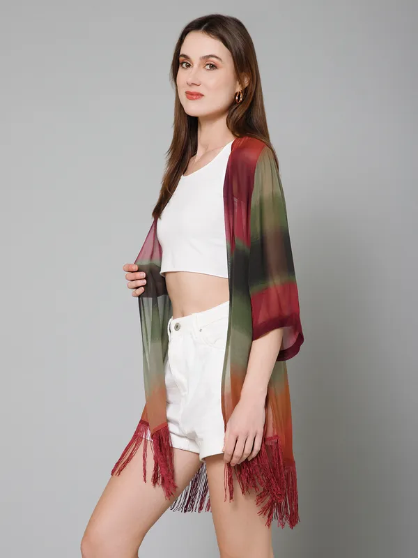 Purple_Georgette_Color_Block_3/4Th_Sleeve_Thigh_Length_Kimono_Style_Shrug_For_Women_&_Girls