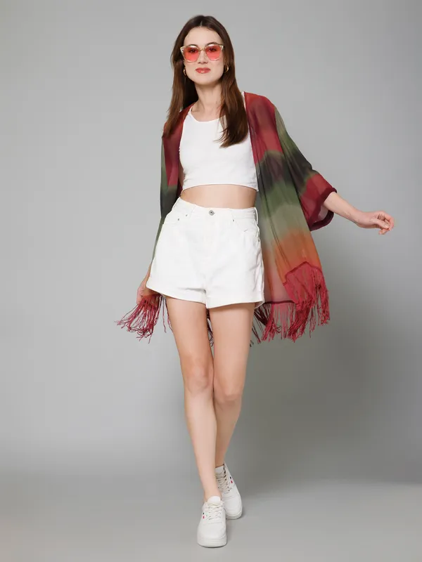 Purple_Georgette_Color_Block_3/4Th_Sleeve_Thigh_Length_Kimono_Style_Shrug_For_Women_&_Girls