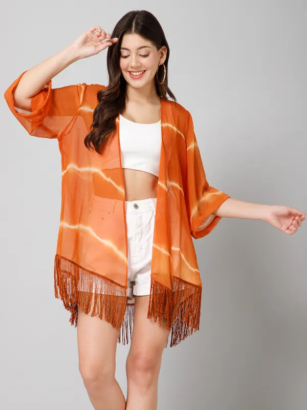 Brown_Georgette_Printed_3/4Th_Sleeve_Thigh_Length_Kimono_Style_Shrug_For_Women_&_Girls