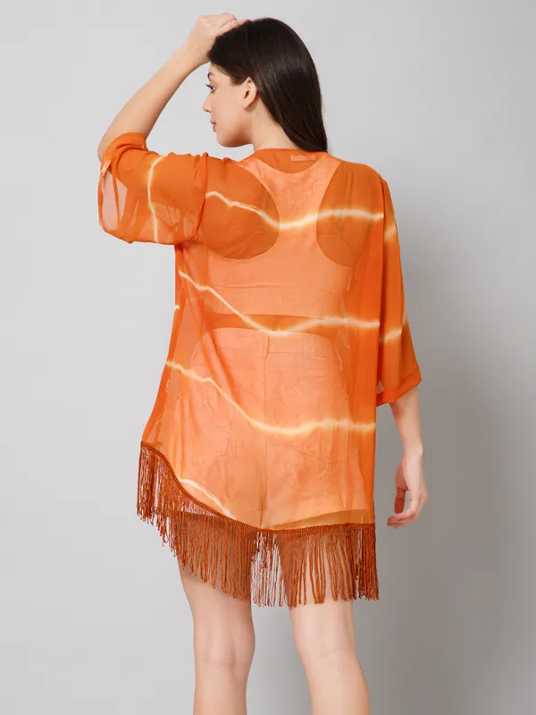 Brown_Georgette_Printed_3/4Th_Sleeve_Thigh_Length_Kimono_Style_Shrug_For_Women_&_Girls