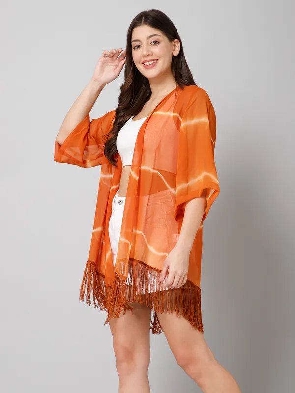 Brown_Georgette_Printed_3/4Th_Sleeve_Thigh_Length_Kimono_Style_Shrug_For_Women_&_Girls