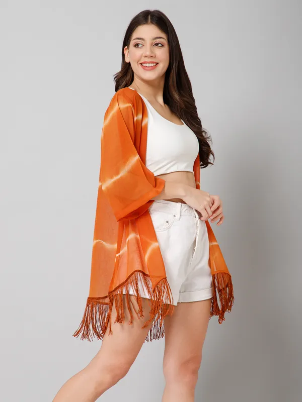 Brown_Georgette_Printed_3/4Th_Sleeve_Thigh_Length_Kimono_Style_Shrug_For_Women_&_Girls