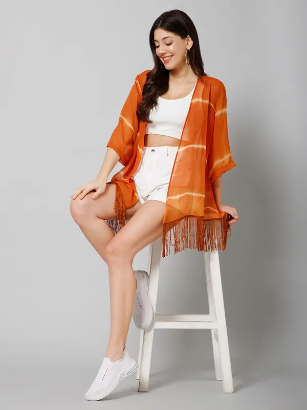 Brown_Georgette_Printed_3/4Th_Sleeve_Thigh_Length_Kimono_Style_Shrug_For_Women_&_Girls
