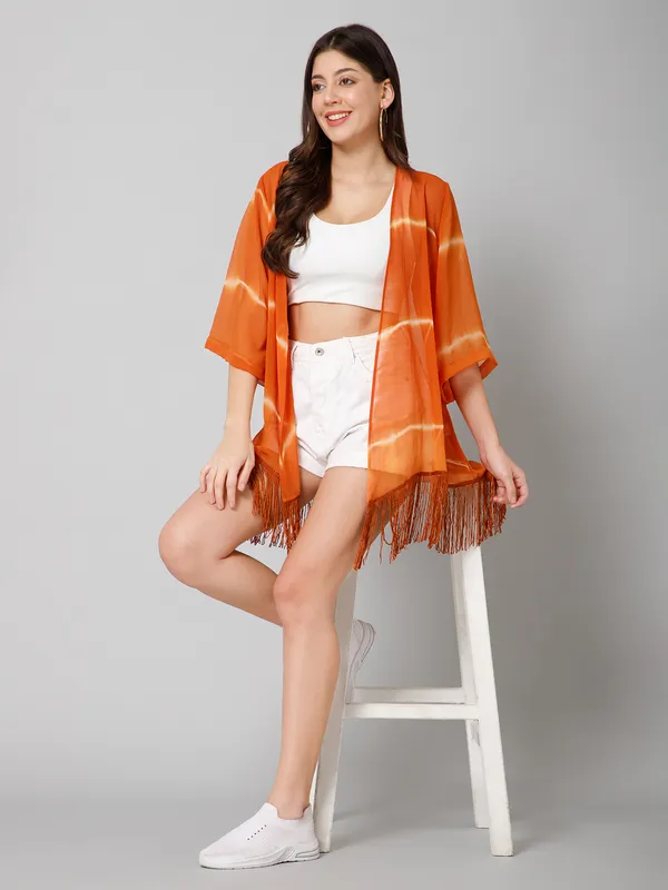 Brown_Georgette_Printed_3/4Th_Sleeve_Thigh_Length_Kimono_Style_Shrug_For_Women_&_Girls