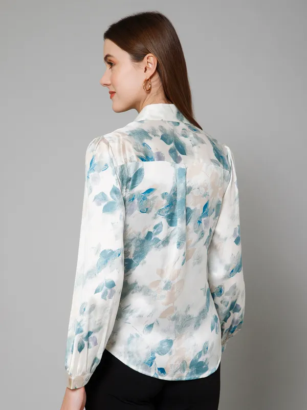 Green_&_White_Satin_Abstract_Full_Sleeve_Spread_Collar_Hip_Length_Shirt_For_Women_&_Girls