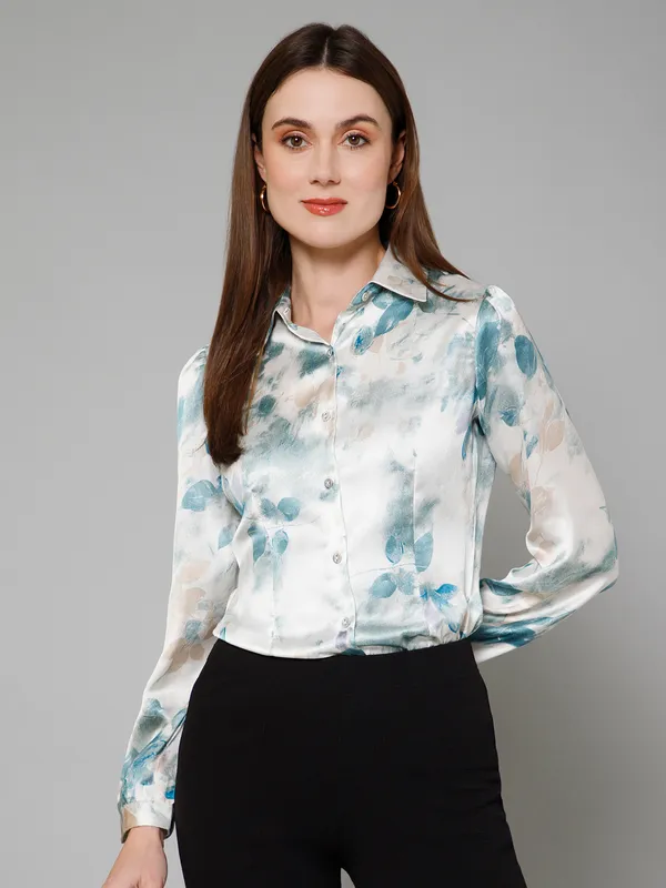 Green_&_White_Satin_Abstract_Full_Sleeve_Spread_Collar_Hip_Length_Shirt_For_Women_&_Girls