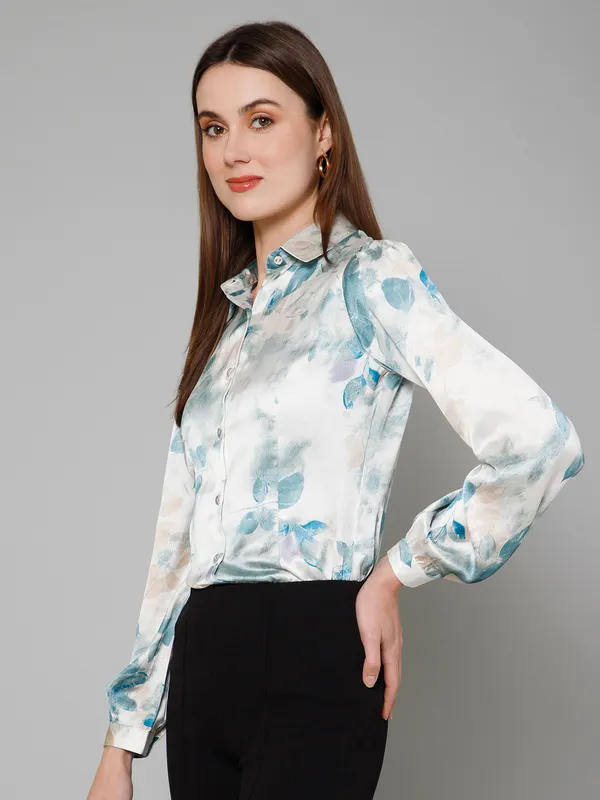 Green_&_White_Satin_Abstract_Full_Sleeve_Spread_Collar_Hip_Length_Shirt_For_Women_&_Girls