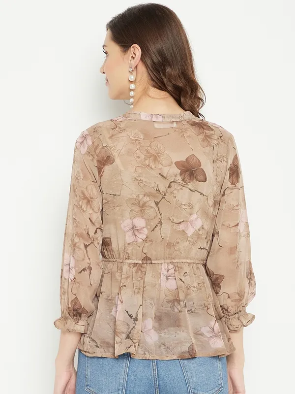 Brown_Georgette_V-Neck_Printed_Cuffed_Sleeves_Hip_Length_Regular_Top_For_Women