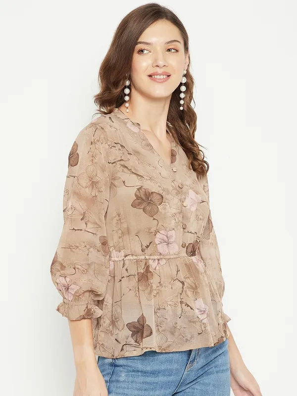 Brown_Georgette_V-Neck_Printed_Cuffed_Sleeves_Hip_Length_Regular_Top_For_Women