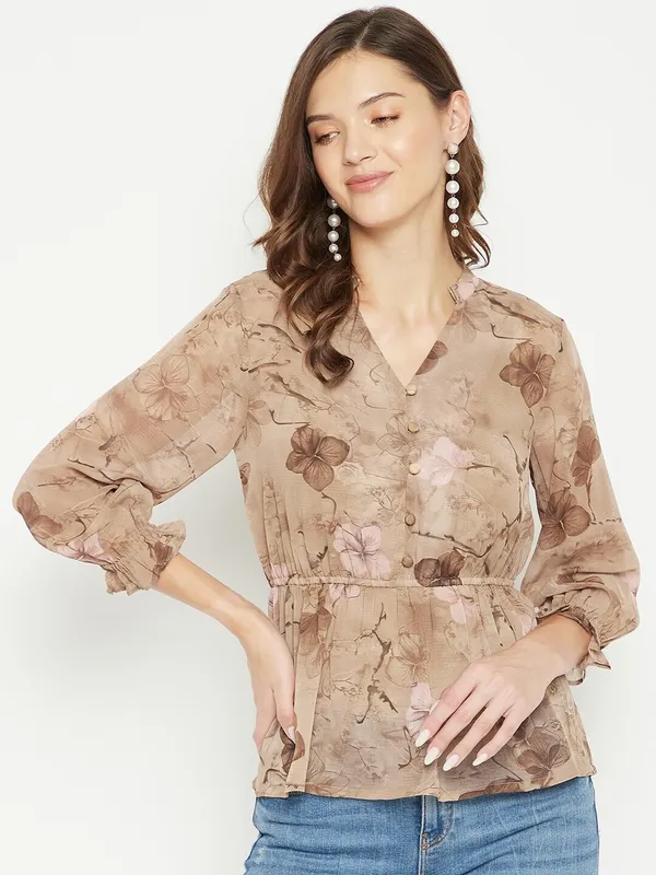 Brown_Georgette_V-Neck_Printed_Cuffed_Sleeves_Hip_Length_Regular_Top_For_Women