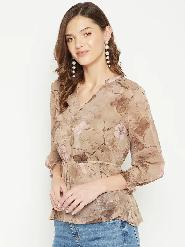 Brown_Georgette_V-Neck_Printed_Cuffed_Sleeves_Hip_Length_Regular_Top_For_Women