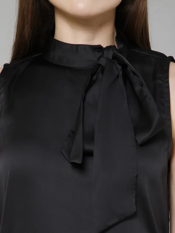 Black_Satin_Tie-Up_Solid_Sleeveless_Hip_Length_Blouson_Top_For_Women
