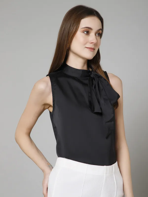 Black_Satin_Tie-Up_Solid_Sleeveless_Hip_Length_Blouson_Top_For_Women