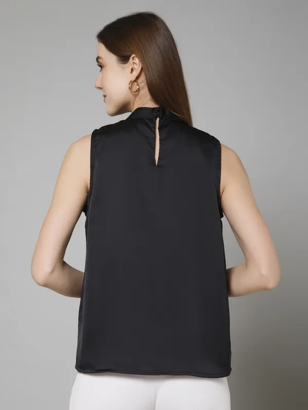 Black_Satin_Tie-Up_Solid_Sleeveless_Hip_Length_Blouson_Top_For_Women