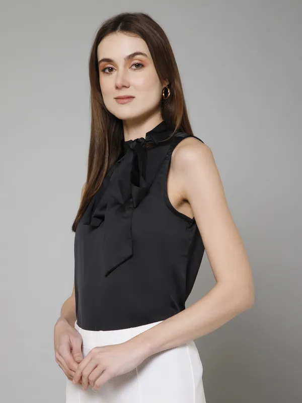 Black_Satin_Tie-Up_Solid_Sleeveless_Hip_Length_Blouson_Top_For_Women