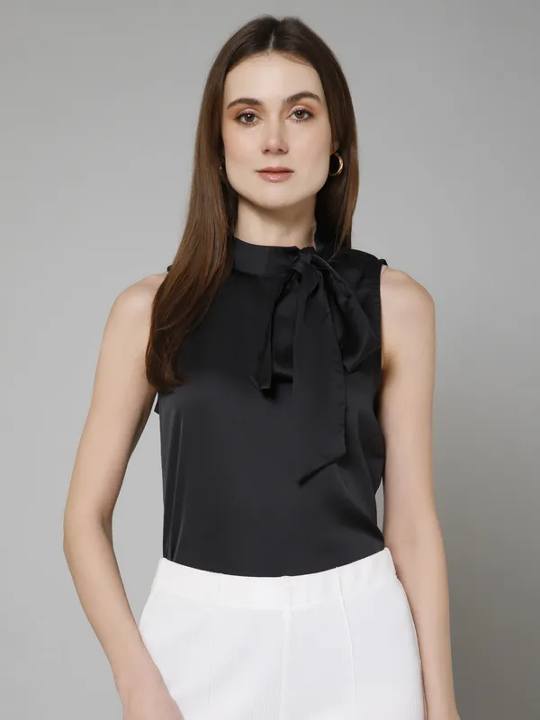 Black_Satin_Tie-Up_Solid_Sleeveless_Hip_Length_Blouson_Top_For_Women
