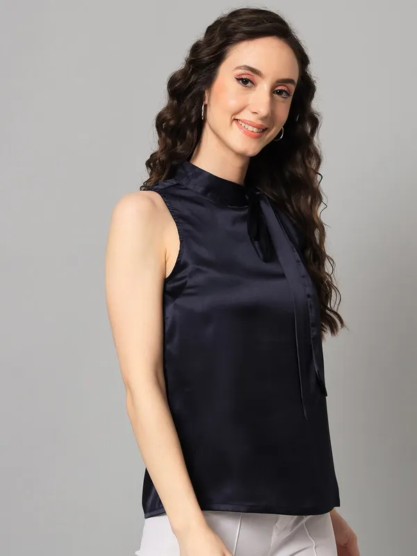 Dark_Blue_Cotton_Blend_Tie-Up_Solid_Sleeveless_Hip_Length_Regular_Top_For_Women
