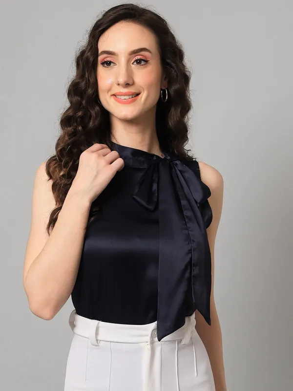 Dark_Blue_Cotton_Blend_Tie-Up_Solid_Sleeveless_Hip_Length_Regular_Top_For_Women