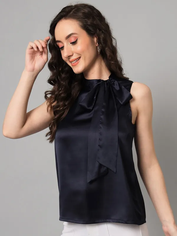 Dark_Blue_Cotton_Blend_Tie-Up_Solid_Sleeveless_Hip_Length_Regular_Top_For_Women
