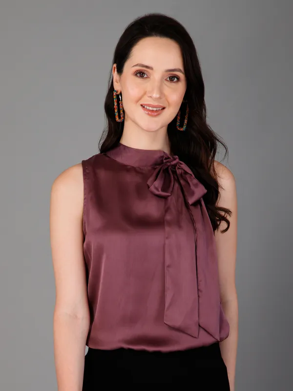 Purple_Satin_Tie-Up_Solid_Sleeveless_Hip_Length_Blouson_Top_For_Women