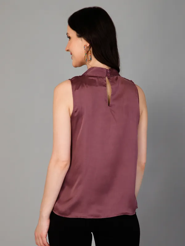 Purple_Satin_Tie-Up_Solid_Sleeveless_Hip_Length_Blouson_Top_For_Women