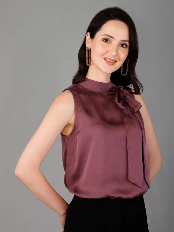 Purple_Satin_Tie-Up_Solid_Sleeveless_Hip_Length_Blouson_Top_For_Women