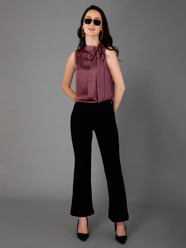 Purple_Satin_Tie-Up_Solid_Sleeveless_Hip_Length_Blouson_Top_For_Women
