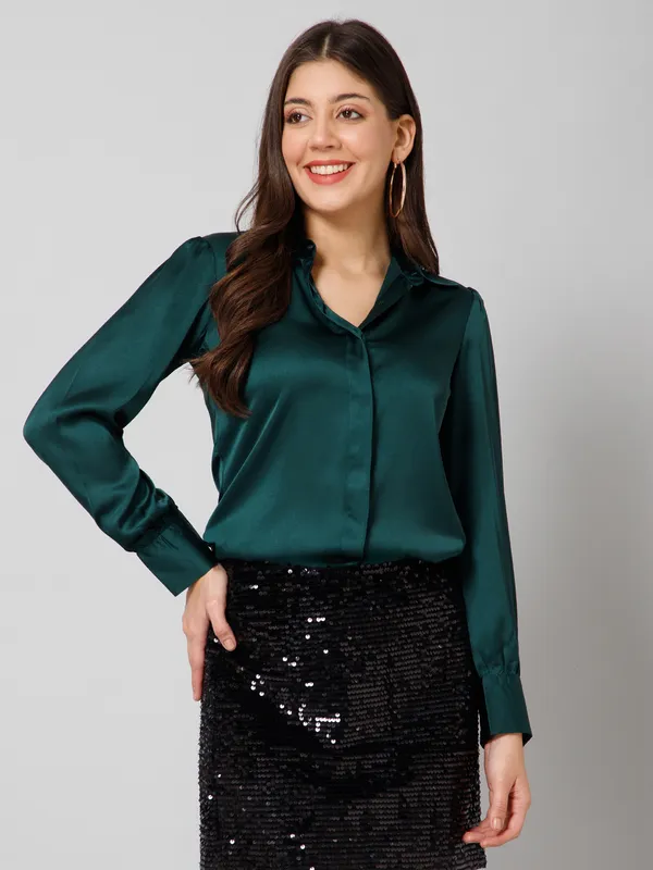 Dark_Green_Satin_Solid_Full_Sleeve_Hip_Length_Shirt_For_Women