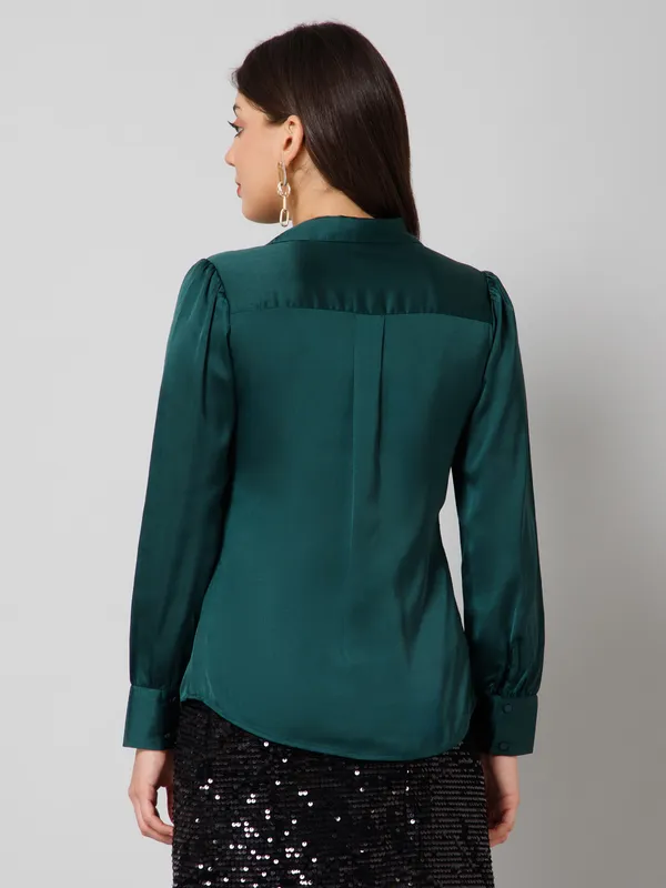 Dark_Green_Satin_Solid_Full_Sleeve_Hip_Length_Shirt_For_Women