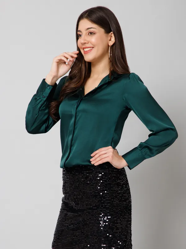 Dark_Green_Satin_Solid_Full_Sleeve_Hip_Length_Shirt_For_Women