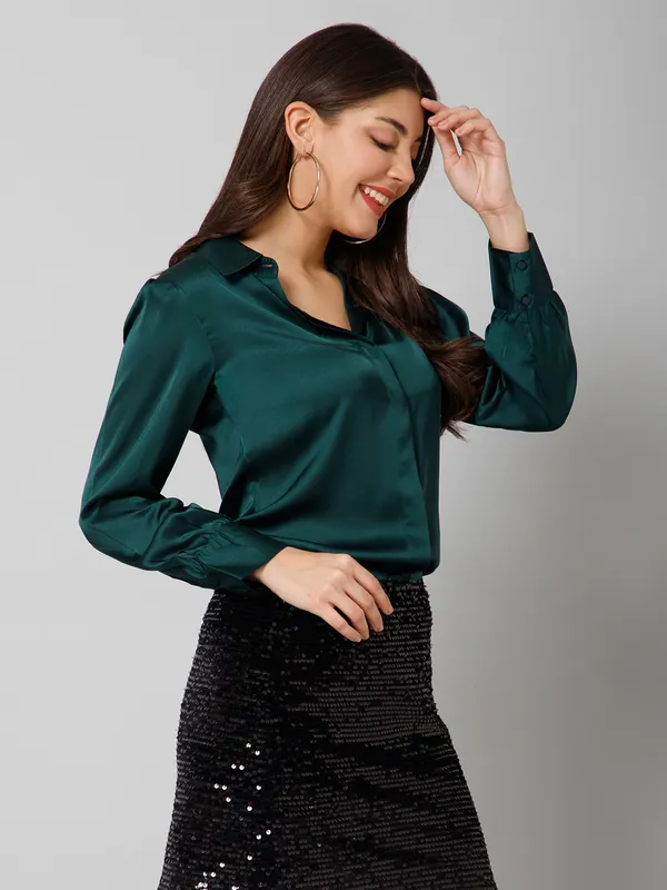 Dark_Green_Satin_Solid_Full_Sleeve_Hip_Length_Shirt_For_Women