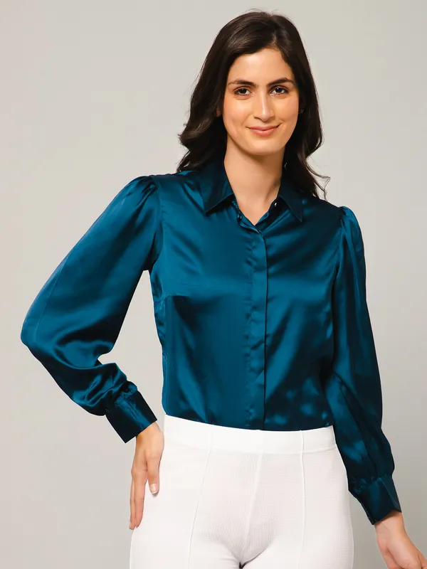 Blue_Satin_Solid_Full_Sleeve_Hip_Length_Shirt_For_Women