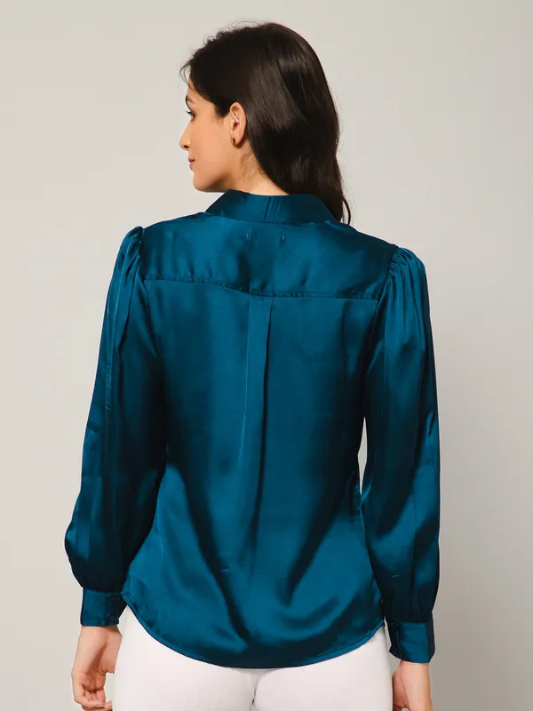 Blue_Satin_Solid_Full_Sleeve_Hip_Length_Shirt_For_Women