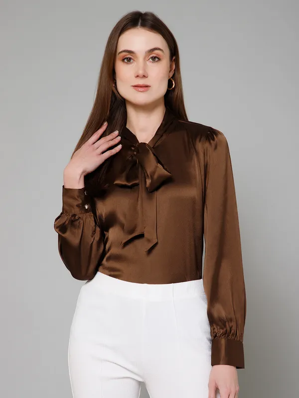 Brown_Satin_Solid_Full_Sleeve_Tie-Up_Hip_Length_Top_For_Women_&_Girls