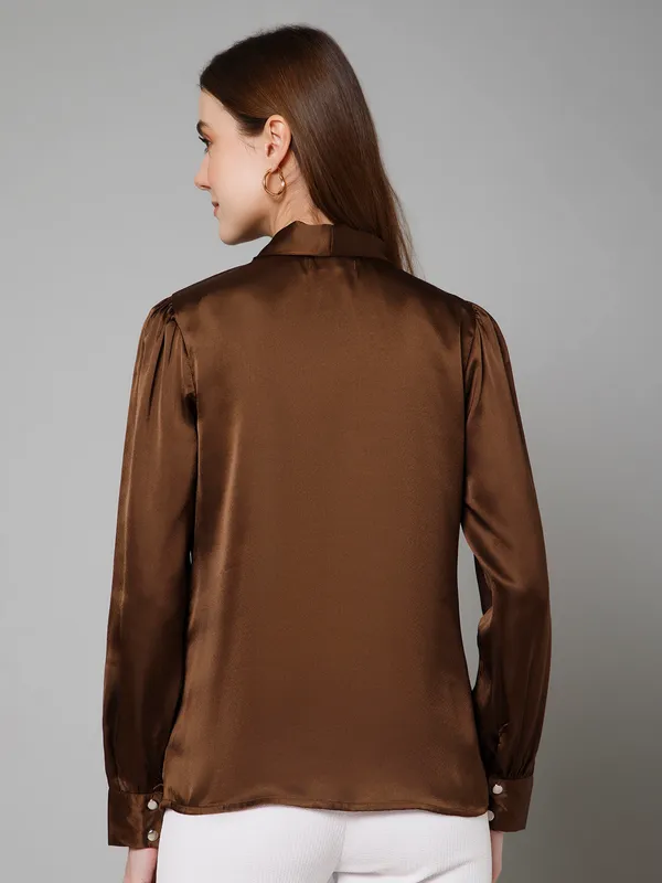 Brown_Satin_Solid_Full_Sleeve_Tie-Up_Hip_Length_Top_For_Women_&_Girls