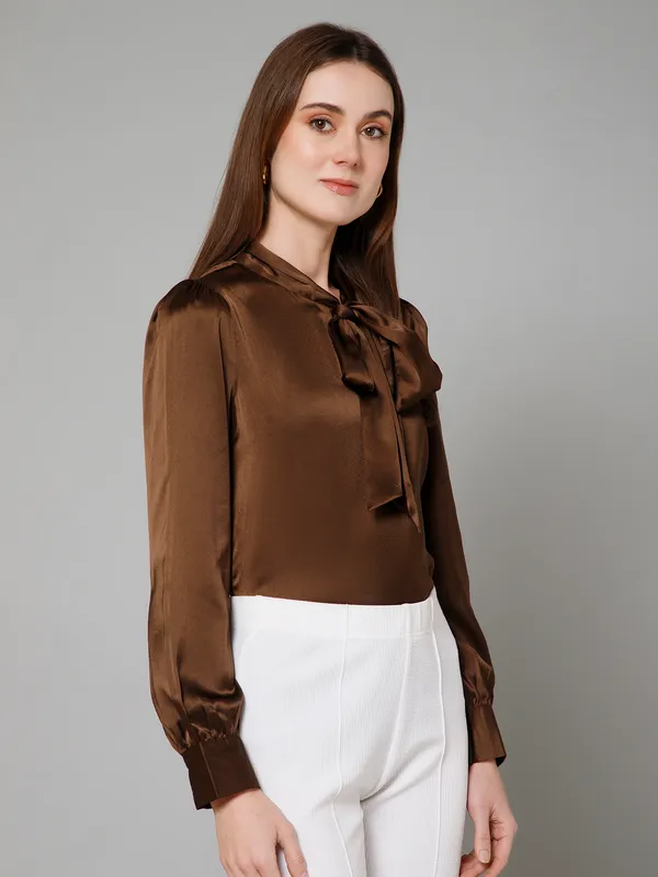 Brown_Satin_Solid_Full_Sleeve_Tie-Up_Hip_Length_Top_For_Women_&_Girls