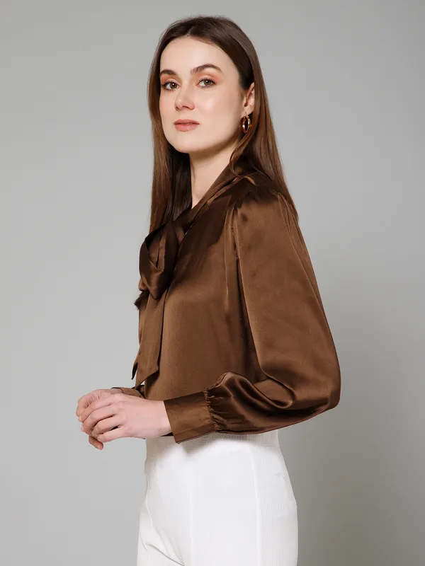 Brown_Satin_Solid_Full_Sleeve_Tie-Up_Hip_Length_Top_For_Women_&_Girls