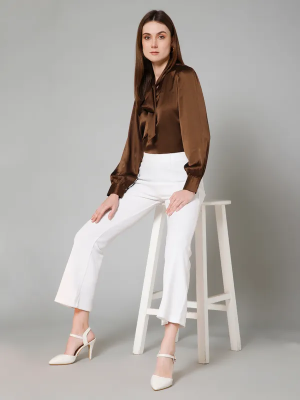 Brown_Satin_Solid_Full_Sleeve_Tie-Up_Hip_Length_Top_For_Women_&_Girls