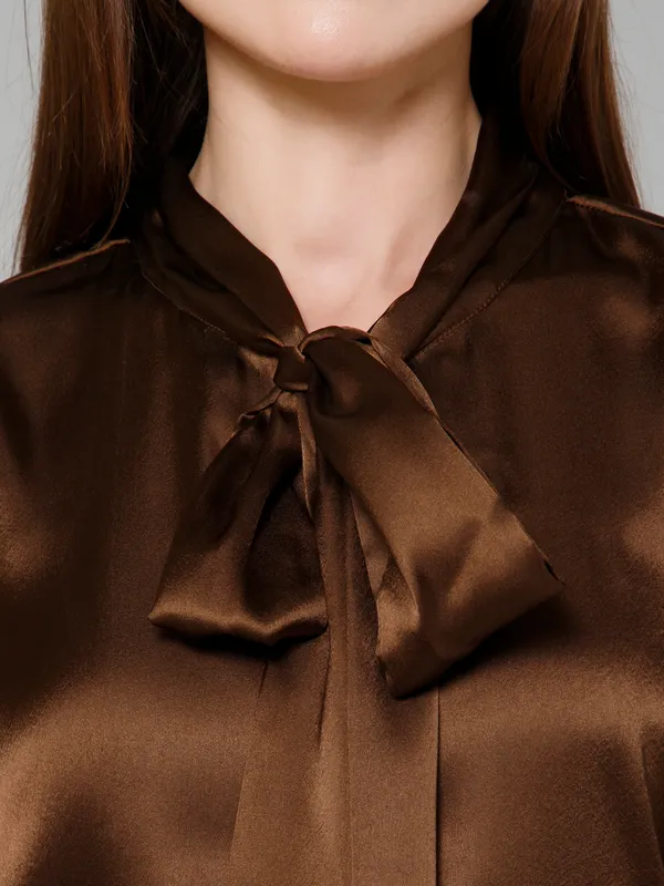 Brown_Satin_Solid_Full_Sleeve_Tie-Up_Hip_Length_Top_For_Women_&_Girls