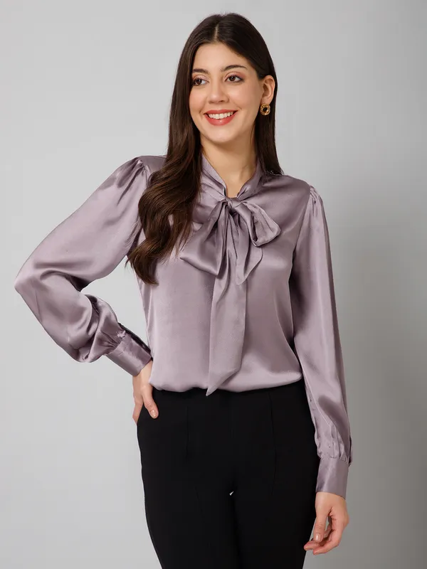 Purple_Satin_Tie-Up_Solid_Cuffed_Sleeves_Hip_Length_Regular_Top_For_Women