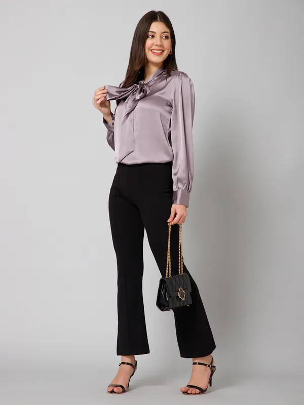 Purple_Satin_Tie-Up_Solid_Cuffed_Sleeves_Hip_Length_Regular_Top_For_Women