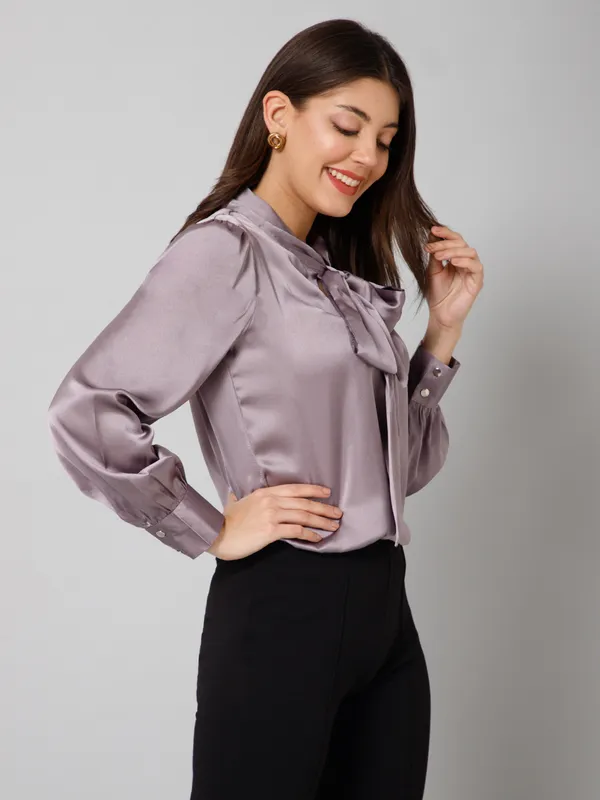 Purple_Satin_Tie-Up_Solid_Cuffed_Sleeves_Hip_Length_Regular_Top_For_Women