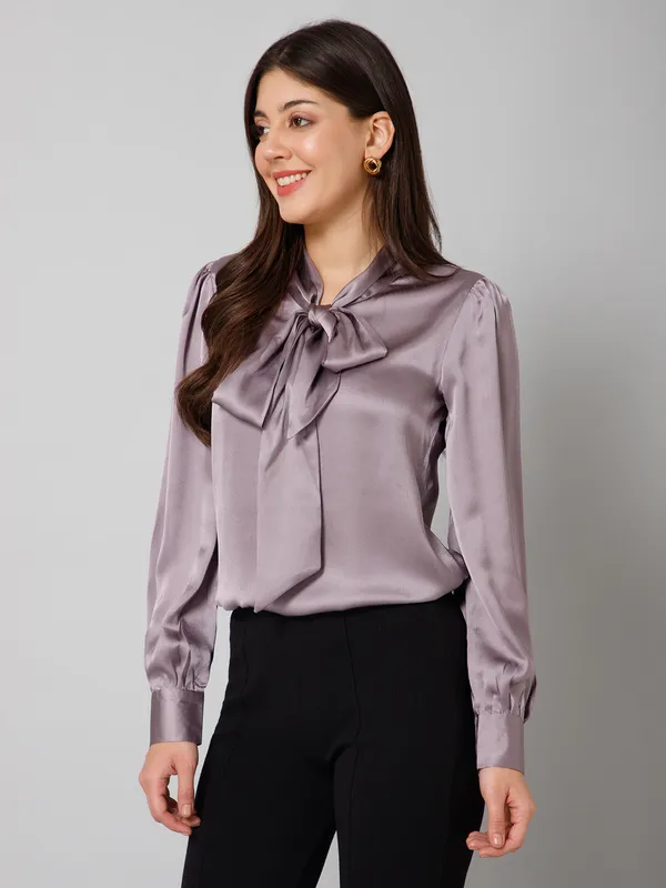 Purple_Satin_Tie-Up_Solid_Cuffed_Sleeves_Hip_Length_Regular_Top_For_Women