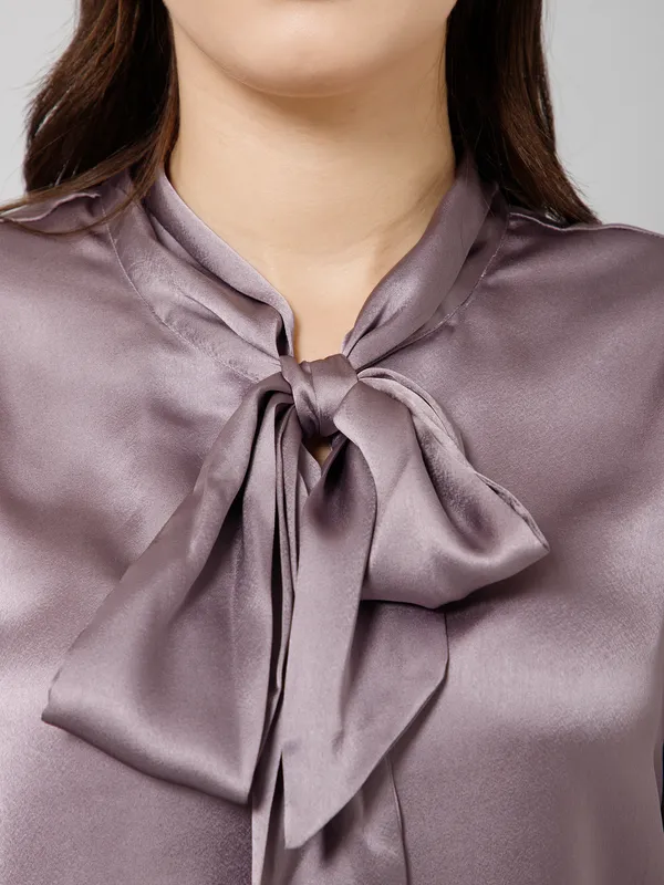 Purple_Satin_Tie-Up_Solid_Cuffed_Sleeves_Hip_Length_Regular_Top_For_Women