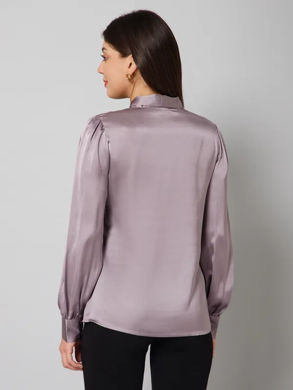 Purple_Satin_Tie-Up_Solid_Cuffed_Sleeves_Hip_Length_Regular_Top_For_Women
