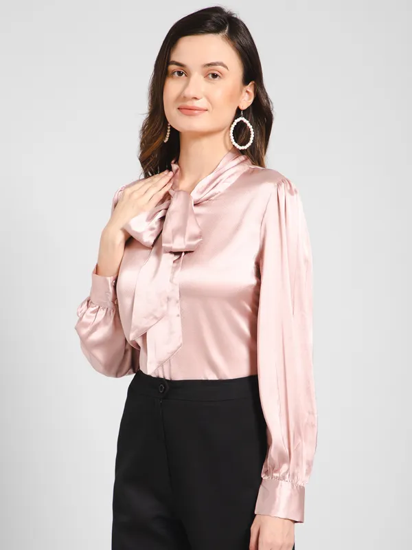 Pink_Cotton_Blend_Tie-Up_Solid_Cuffed_Sleeves_Hip_Length_Shirt_Style_For_Women