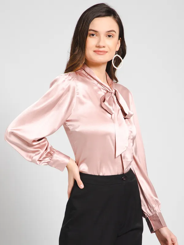 Pink_Cotton_Blend_Tie-Up_Solid_Cuffed_Sleeves_Hip_Length_Shirt_Style_For_Women
