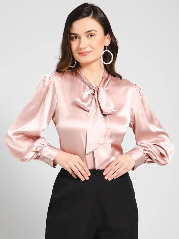 Pink_Cotton_Blend_Tie-Up_Solid_Cuffed_Sleeves_Hip_Length_Shirt_Style_For_Women